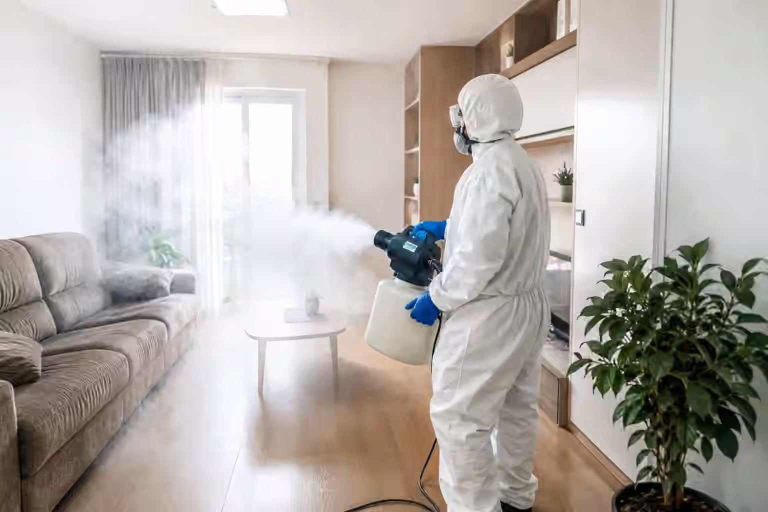 Técnico realizando sanitização profissional em ambiente residencial — Saniway